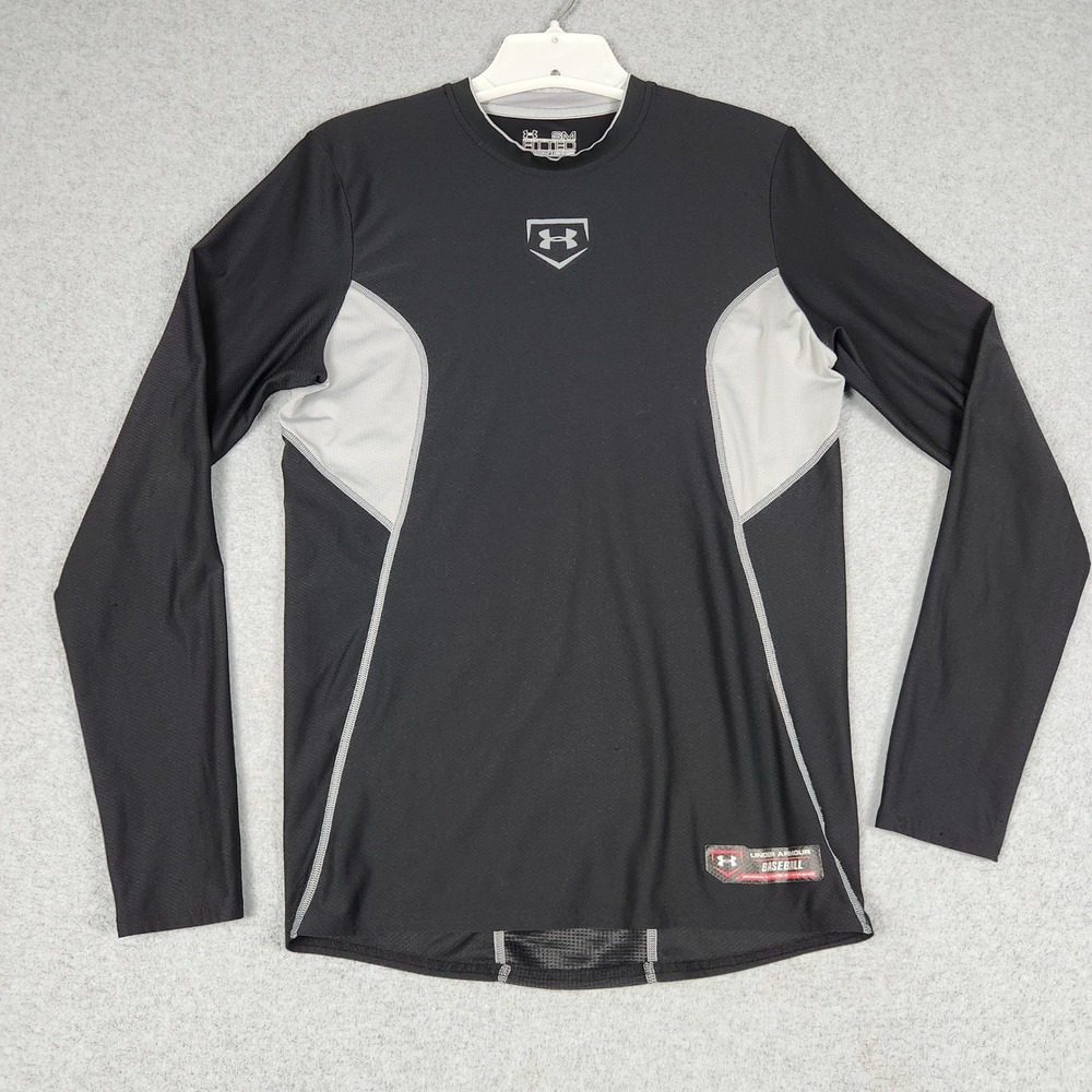 Under Armour Shirt Mens Small Black HeatGear Baseball Fitted Long Sleeve Logo
